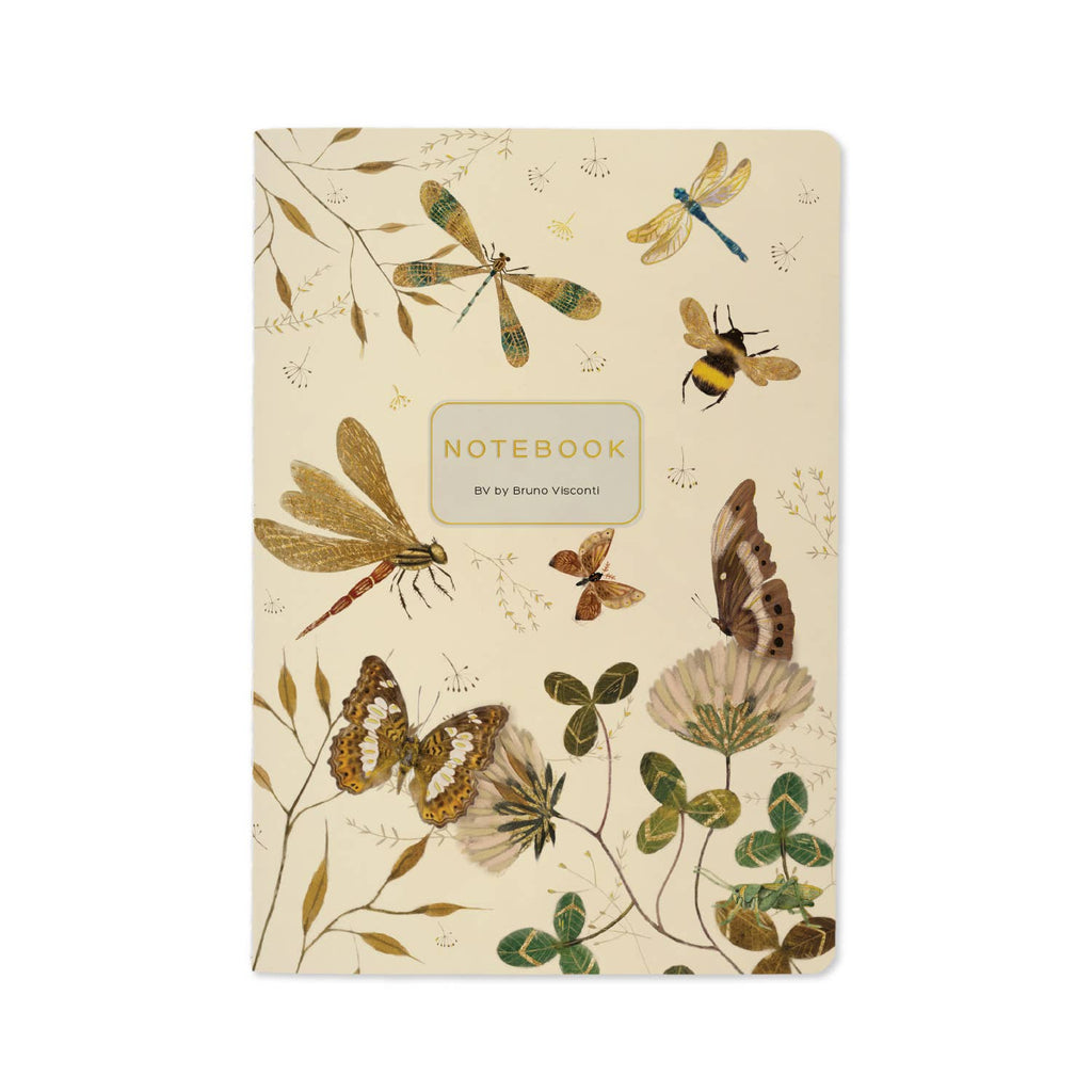 Notebook with butterfly and dragonfly design on a beige background