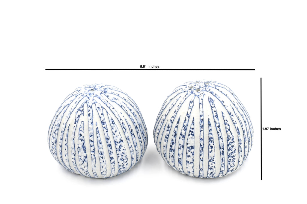 Two round ribbed poufs or cushions with a blue and white speckled pattern, shown with dimension lines indicating 5.51 inches by 1.