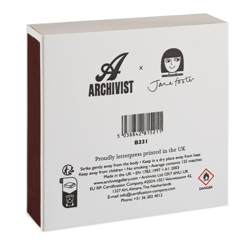 Back of a matchbox with 'Archivist' and 'Jane Foster' branding on a white background