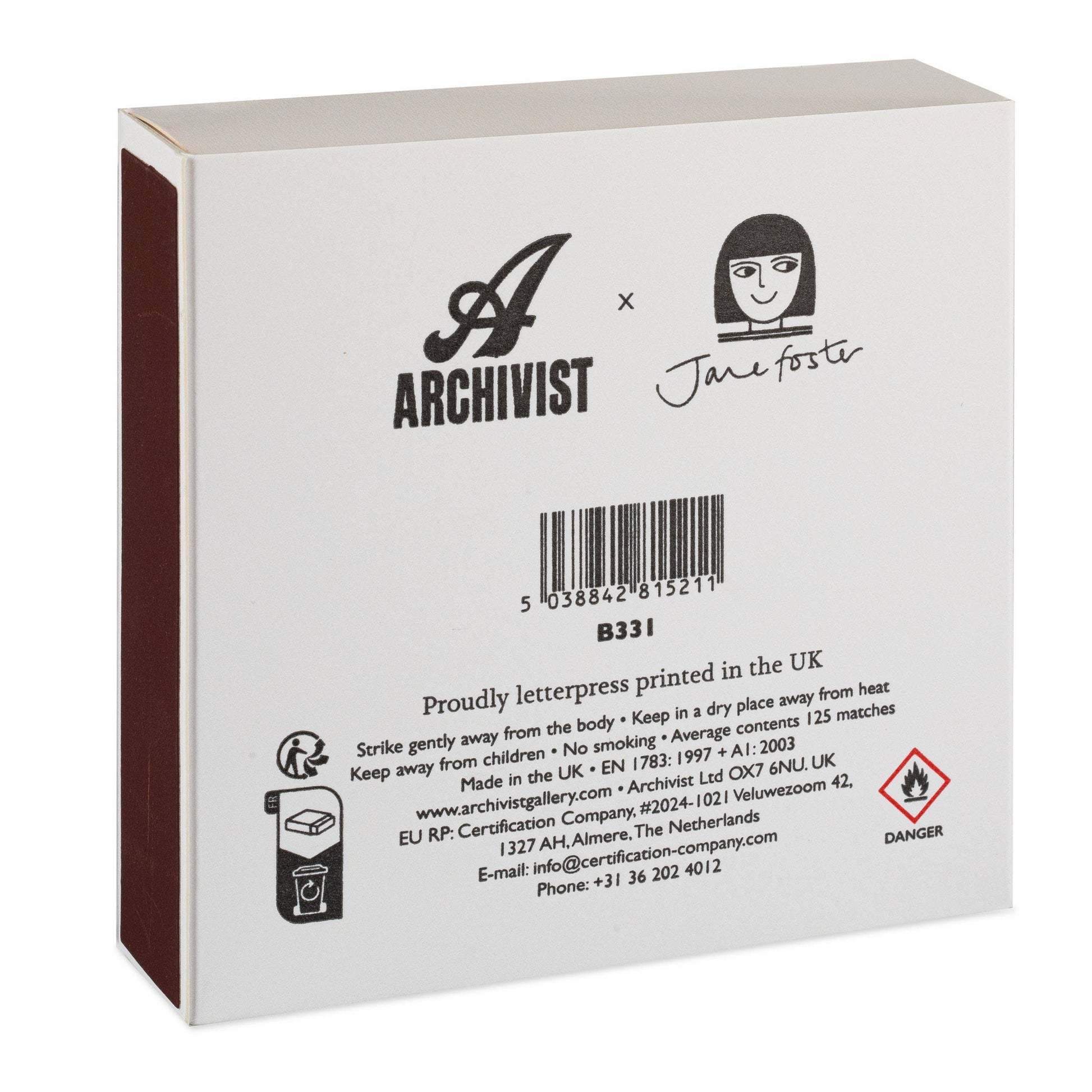 Back of a matchbox with 'Archivist' and 'Jane Foster' branding on a white background
