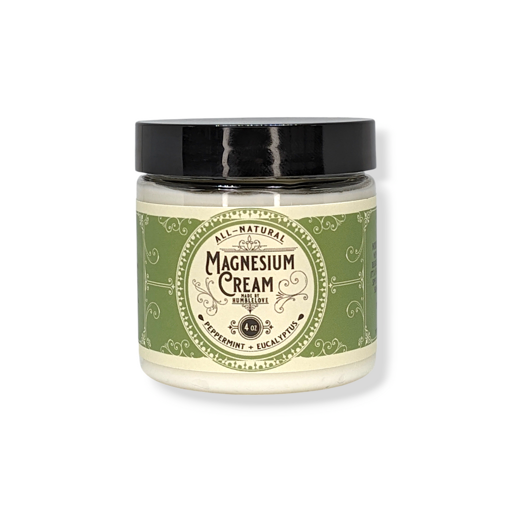 Jar of all-natural magnesium cream with a black lid on a white background