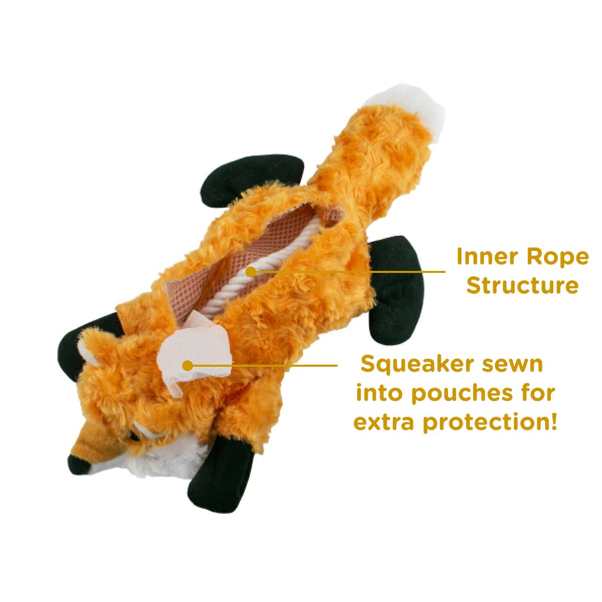 Plush fox toy with text highlighting inner rope structure and squeaker placement on a white background
