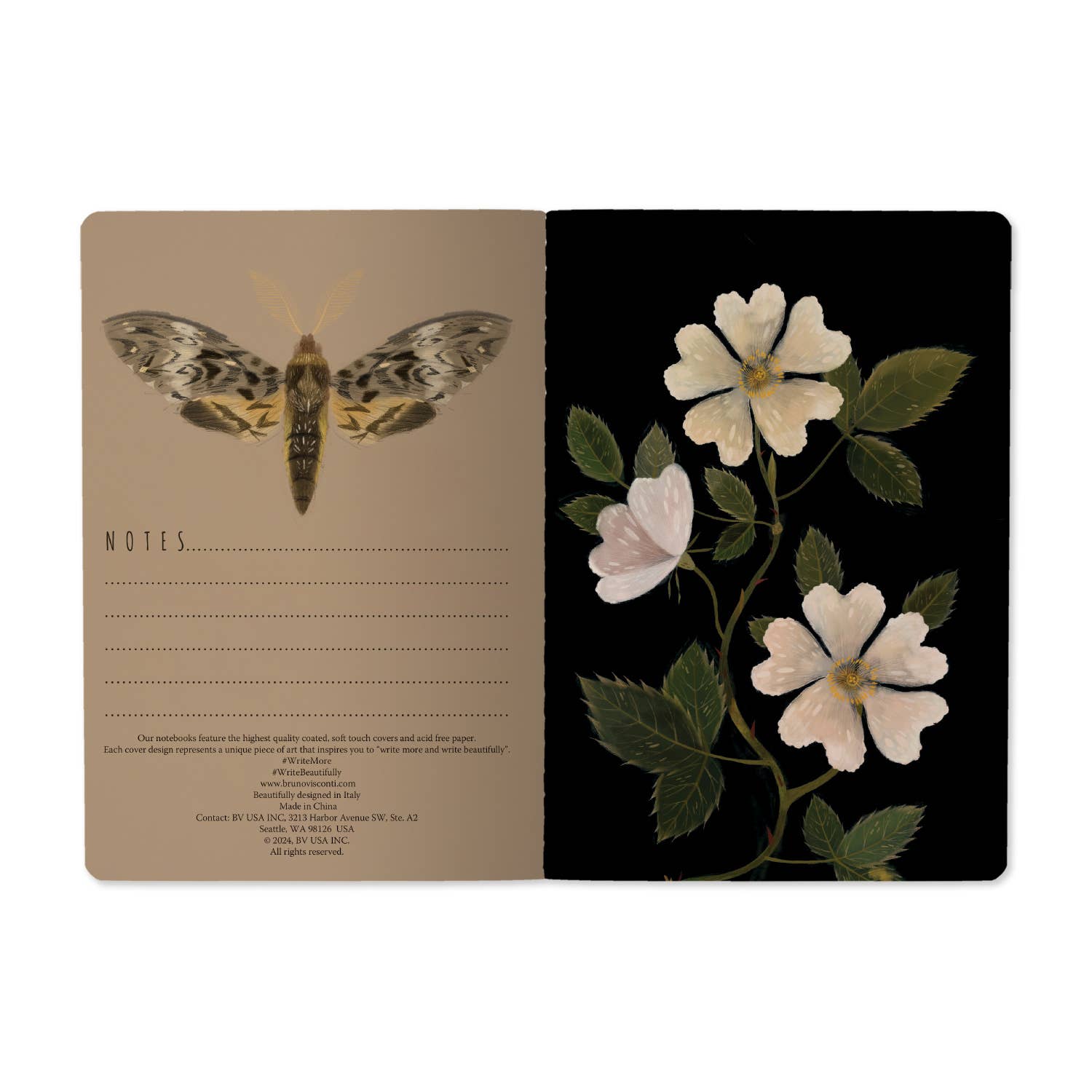 Notebook with butterfly design on beige page and floral design on black page