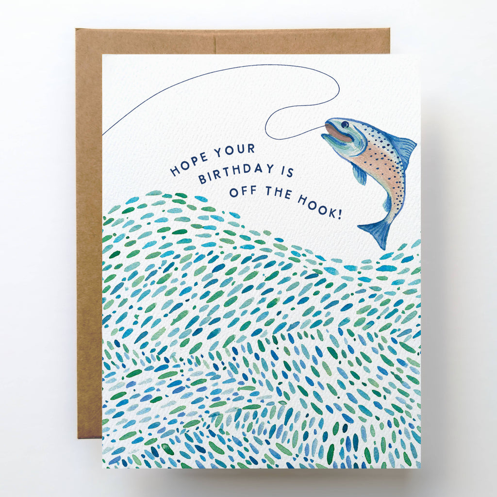 Birthday card with fish and wave design, featuring text 'Hope your birthday is off the hook!'.