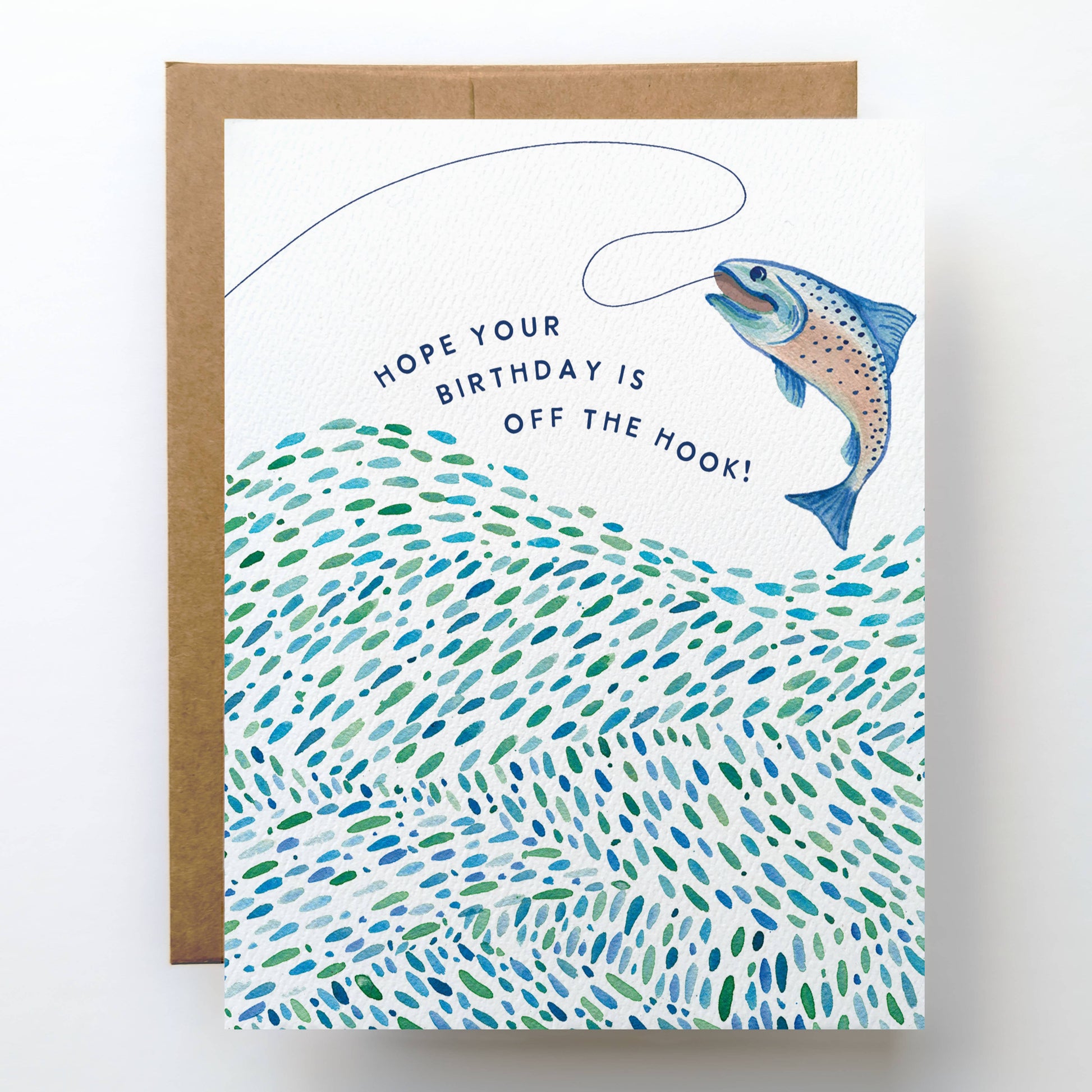 Birthday card with fish and wave design, featuring text 'Hope your birthday is off the hook!'.