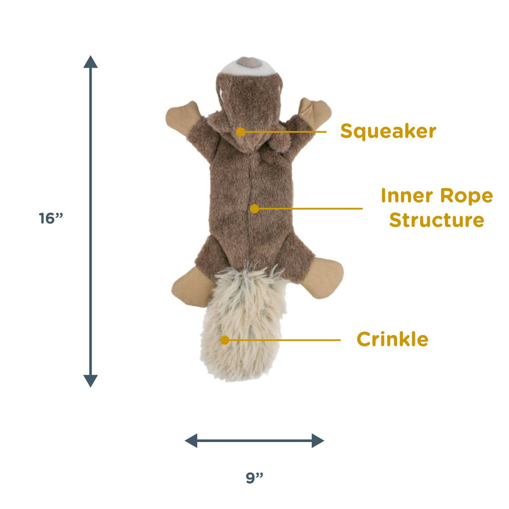 Dog toy with labeled parts and dimensions on a white background