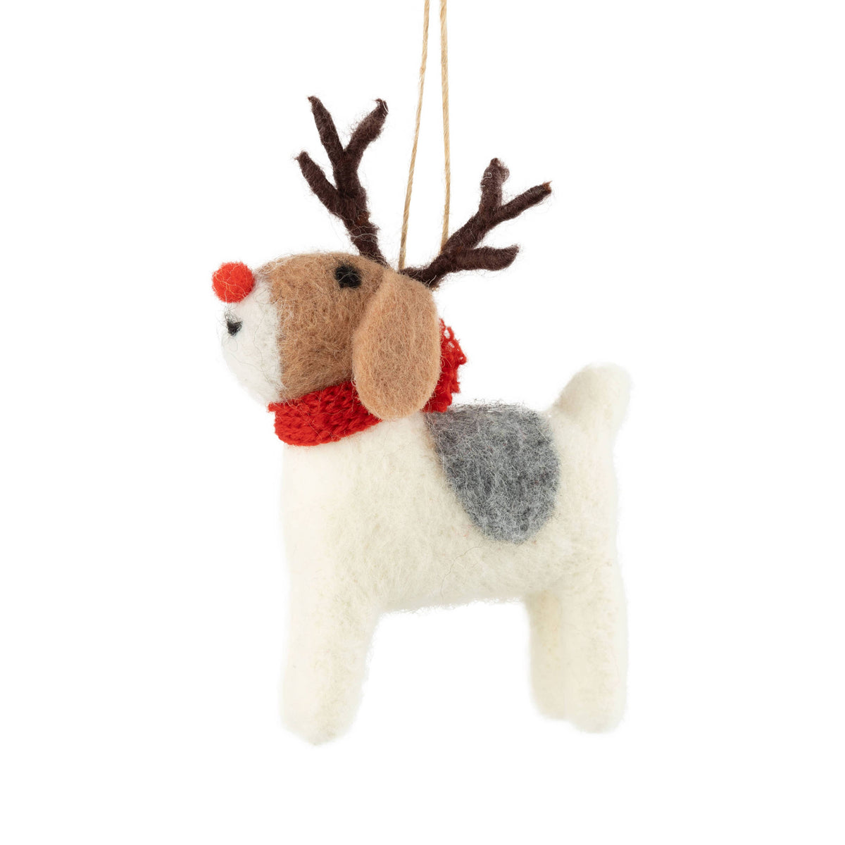 Felted dog ornament with reindeer antlers and a red scarf on a white background