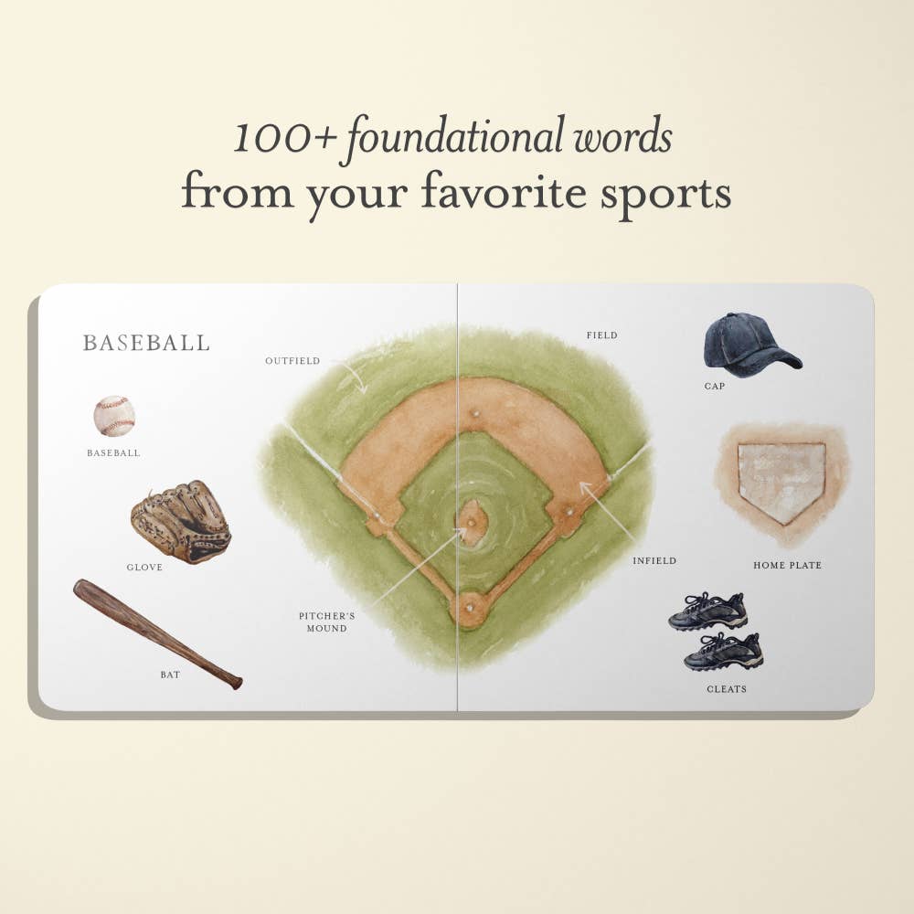Educational book about baseball with illustrations on a beige background
