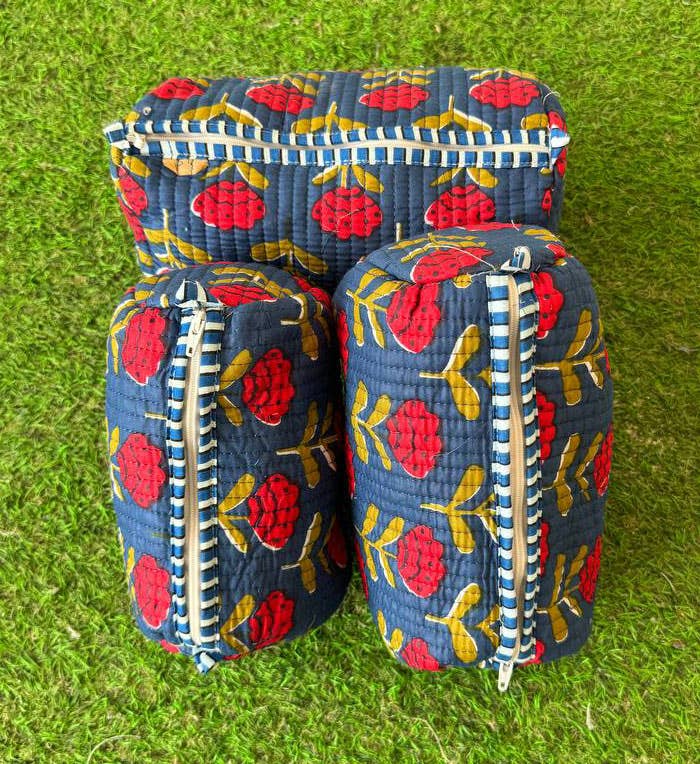 Large Floral Quilted Cotton Bag blue/red