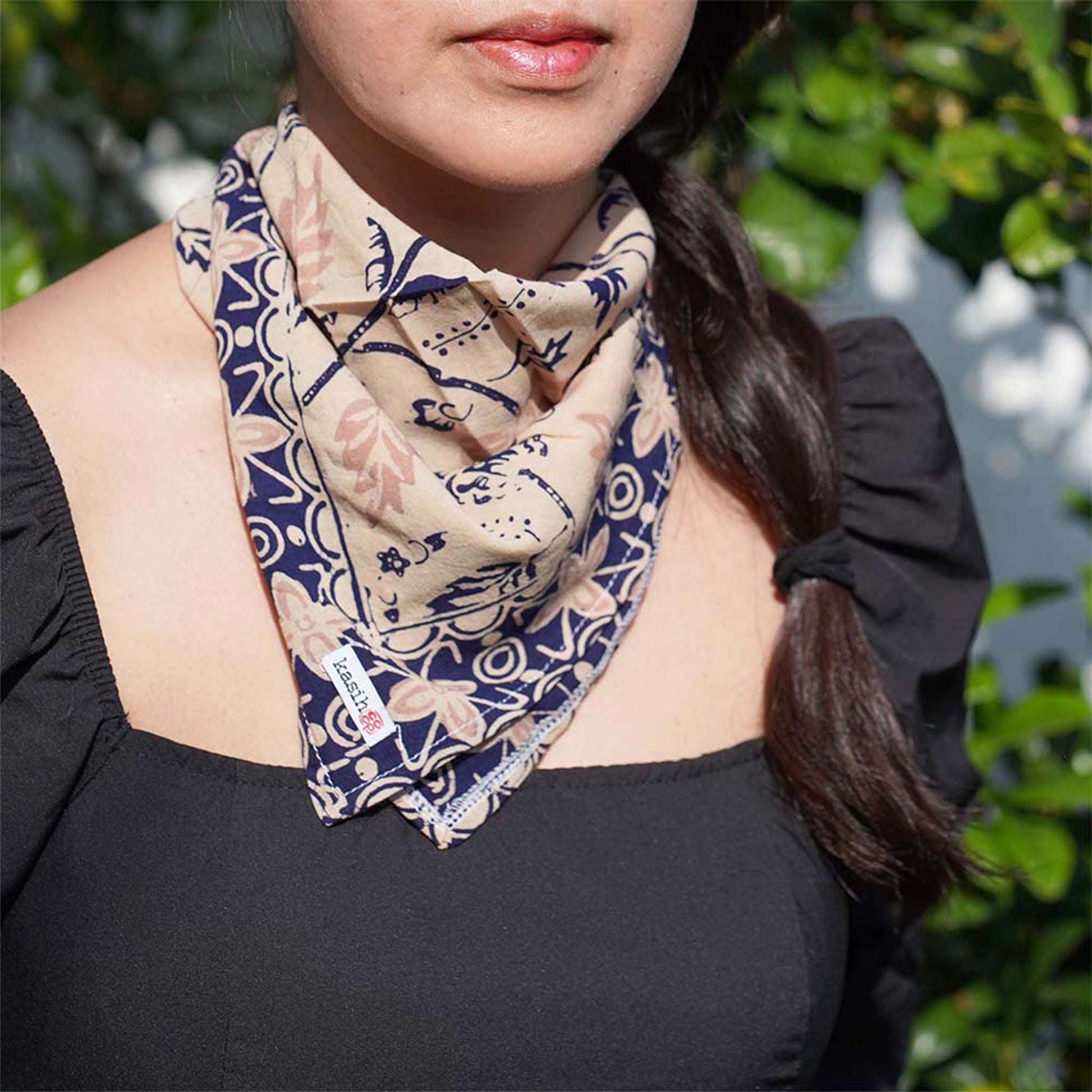 Batik Bandana Woven Meadow, Cream Blue, 100% Cotton, Hand Dyed Hair Cover Scarf