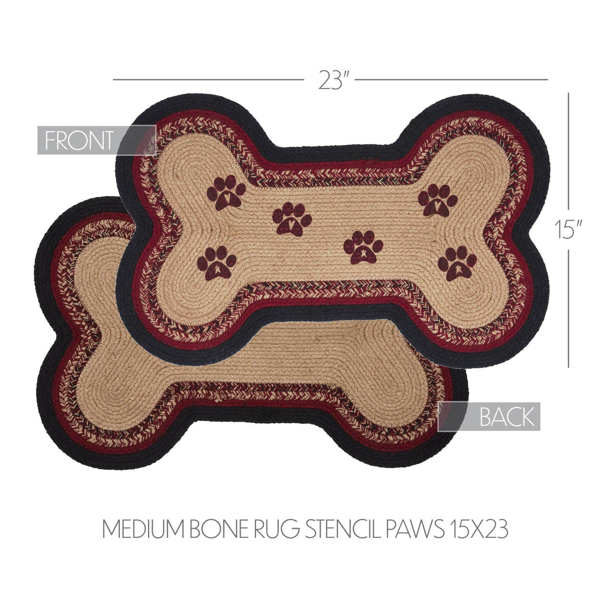 Two bone-shaped rug stencils shown front and back on a white background, with dimension lines indicating 23 by 15 inches. The stencils have a natural jute beige center with dark red paw prints and border details, plus a black outer border.
