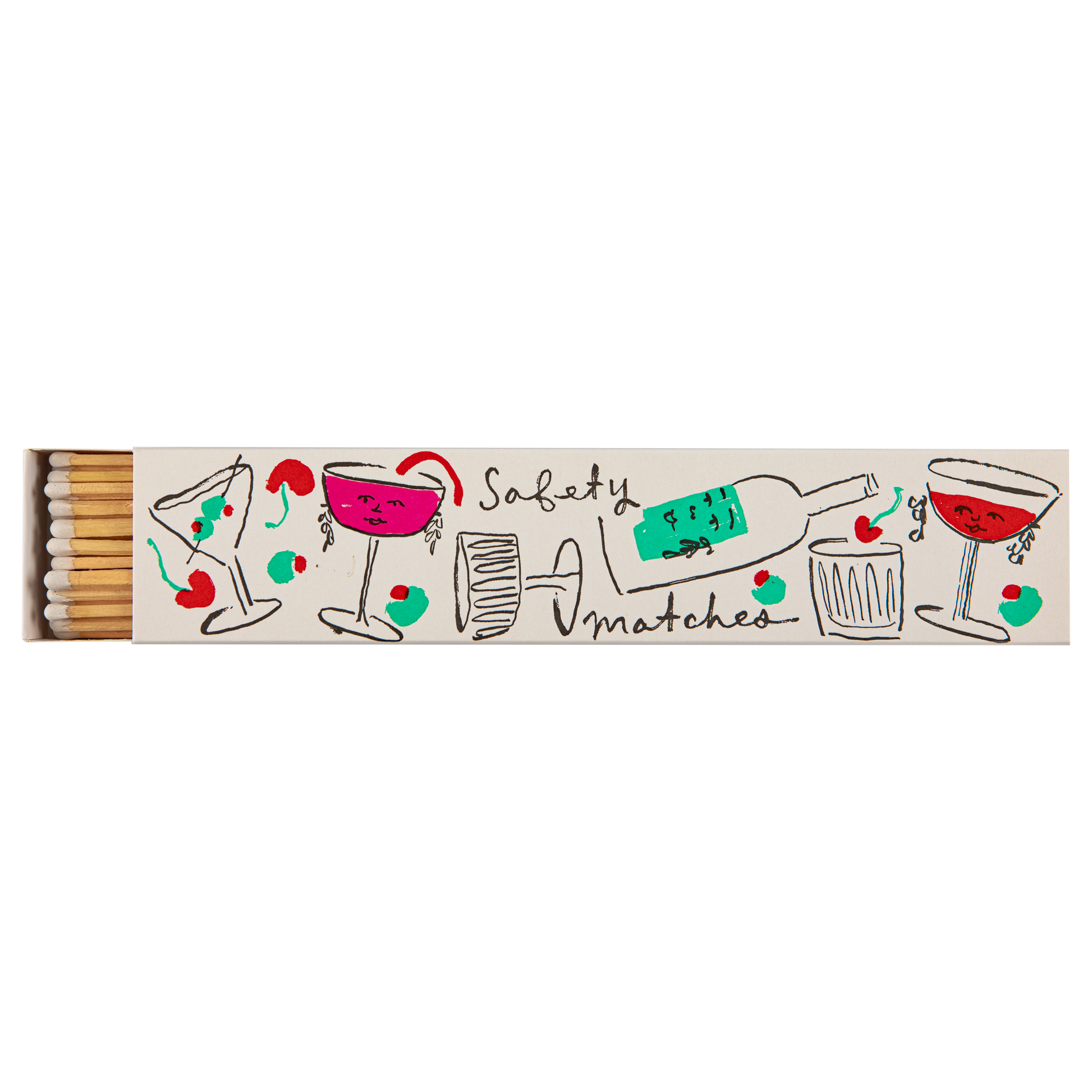A box of novelty cocktail-themed matches on a plain white background. The cardboard lid features hand-drawn illustrations of martini glasses, a cocktail bottle, a glass, a drink, cherries, and the text 'Safety matches' in black script.