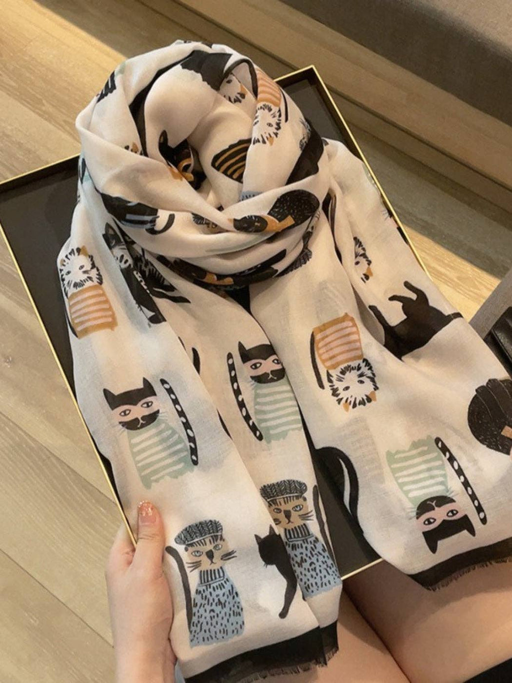 Scarvii - Playful Cat Print Scarf: Black