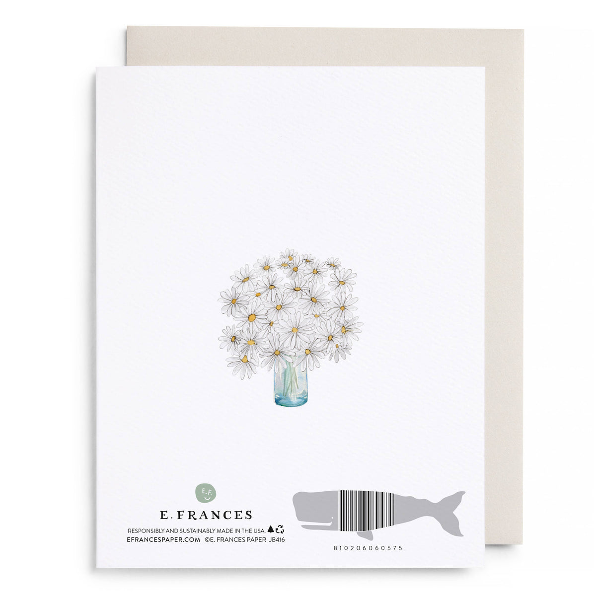 Greeting card with floral illustration and E. Frances branding