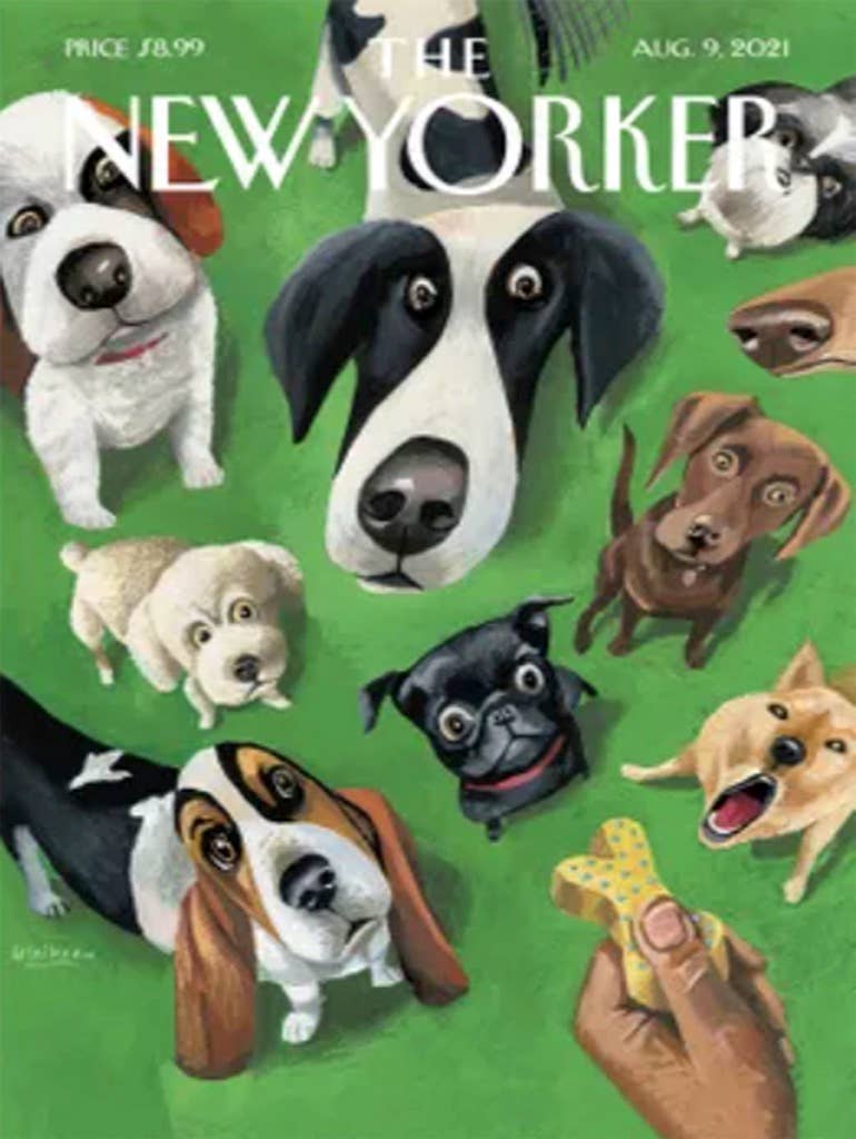 Cover of The New Yorker magazine featuring illustrations of dogs on a green background.