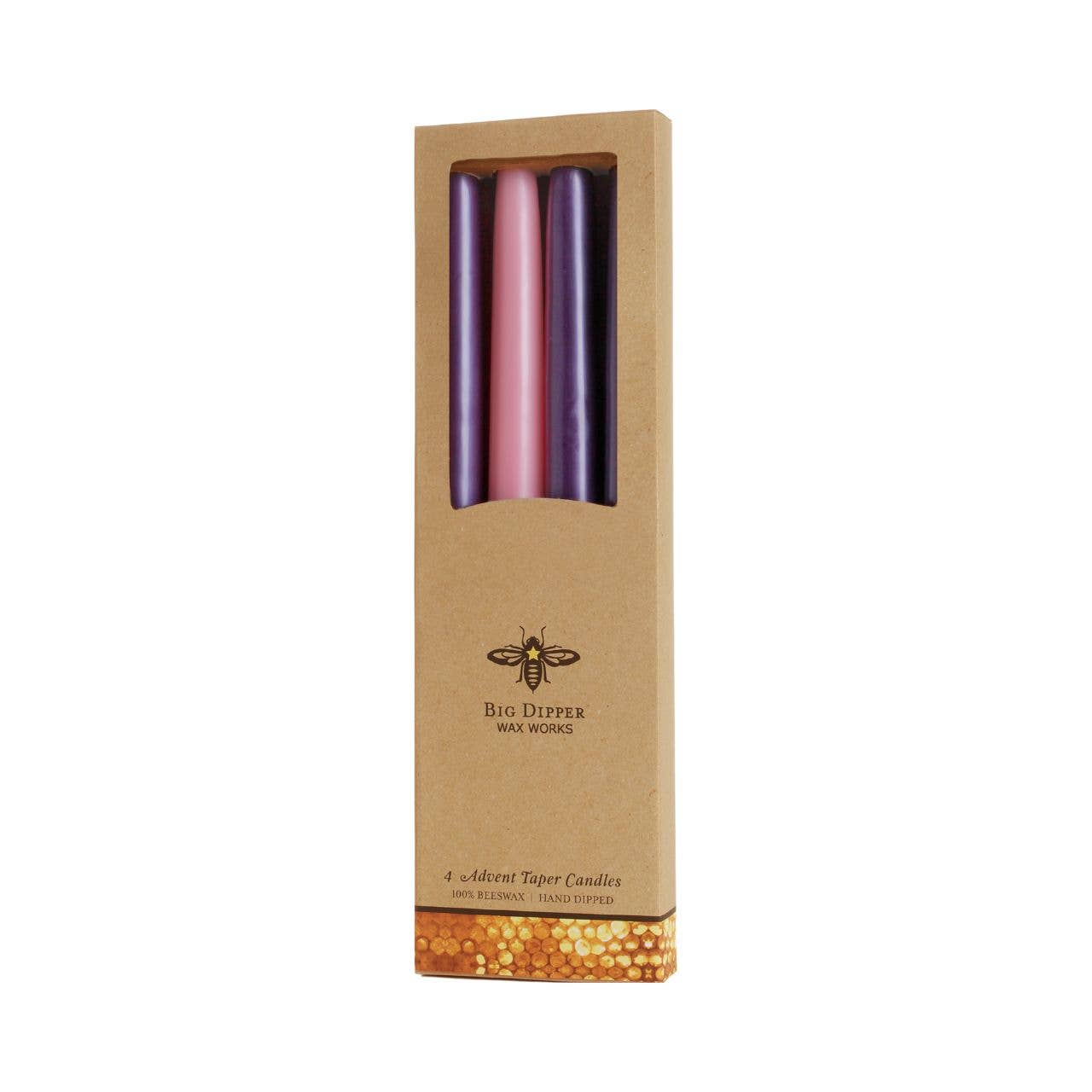 Advent Taper Candles – 12" Hand-Dipped 100% Pure Beeswax | Set of 4