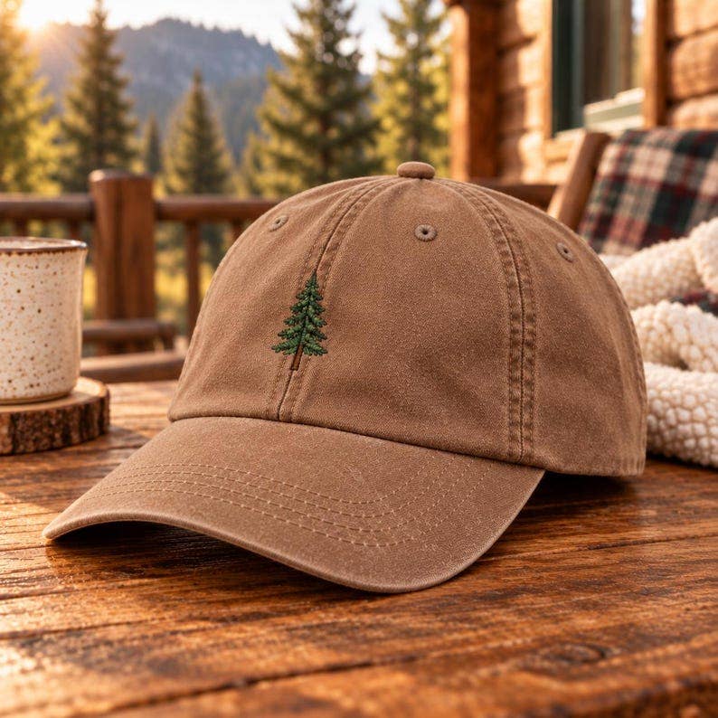 A brown baseball cap with a small embroidered green pine tree on the front, resting on a rustic wooden table with a cozy cabin and forest background.