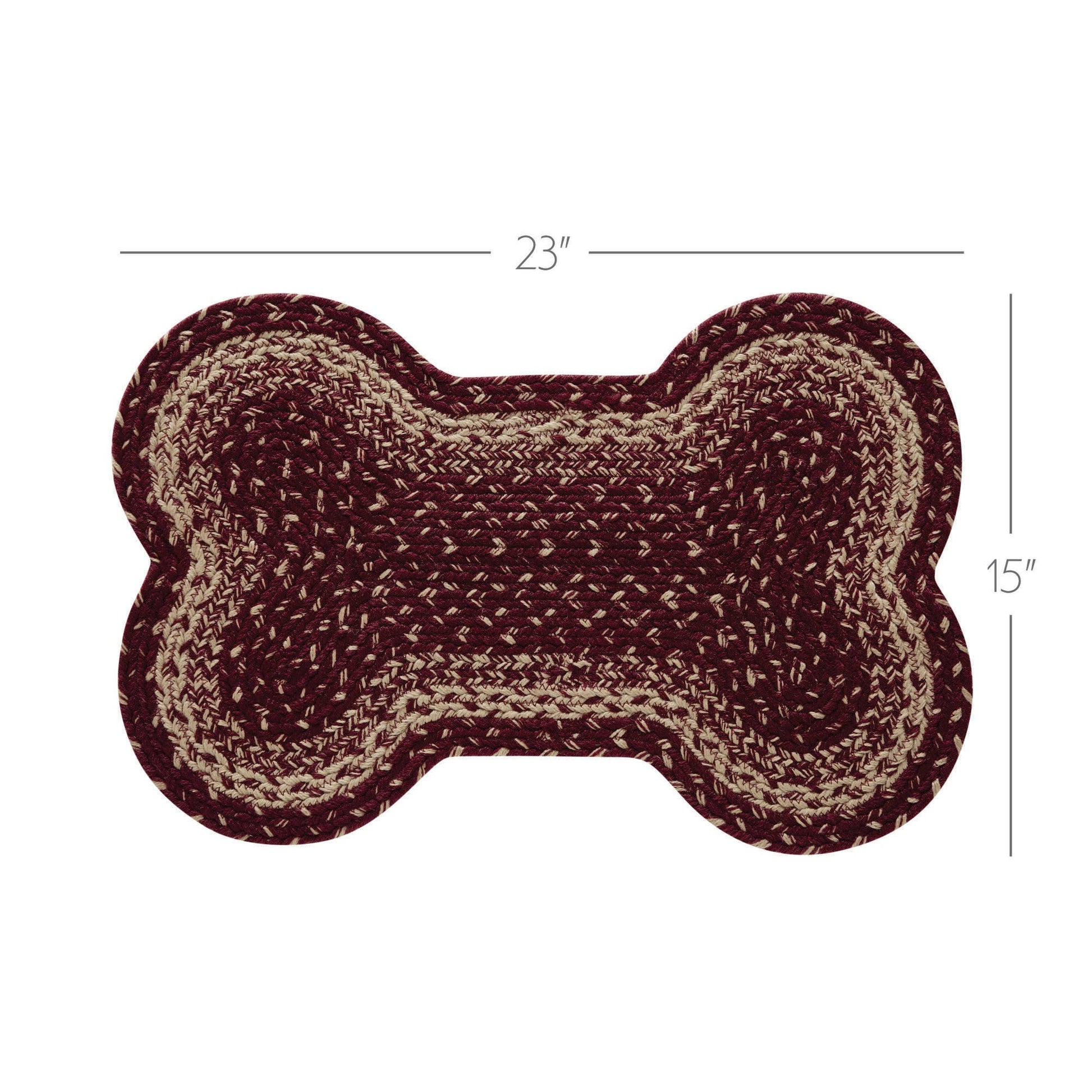 Bone-shaped mat with brown and beige pattern and measurements on a white background