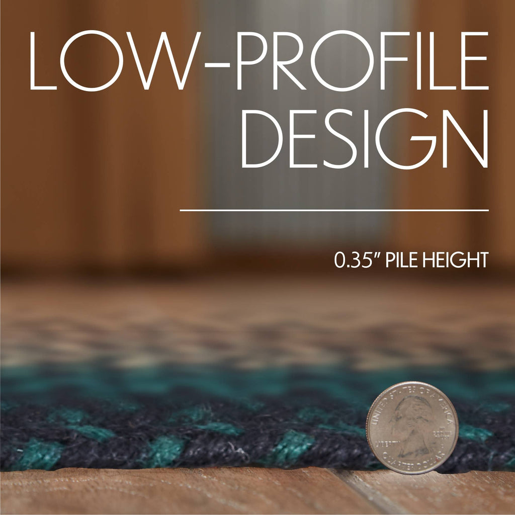 Text 'LOW-PROFILE DESIGN' with a coin for scale on a textured surface.