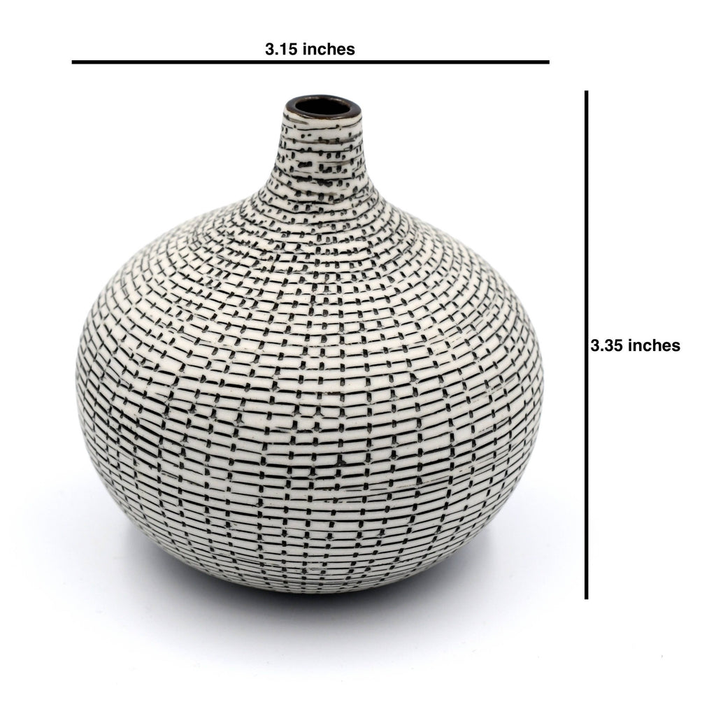A round ceramic vase with a narrow neck and a black grid pattern on a white glazed surface, shown with dimension lines indicating a height of 3.35 inches and a width of 3.