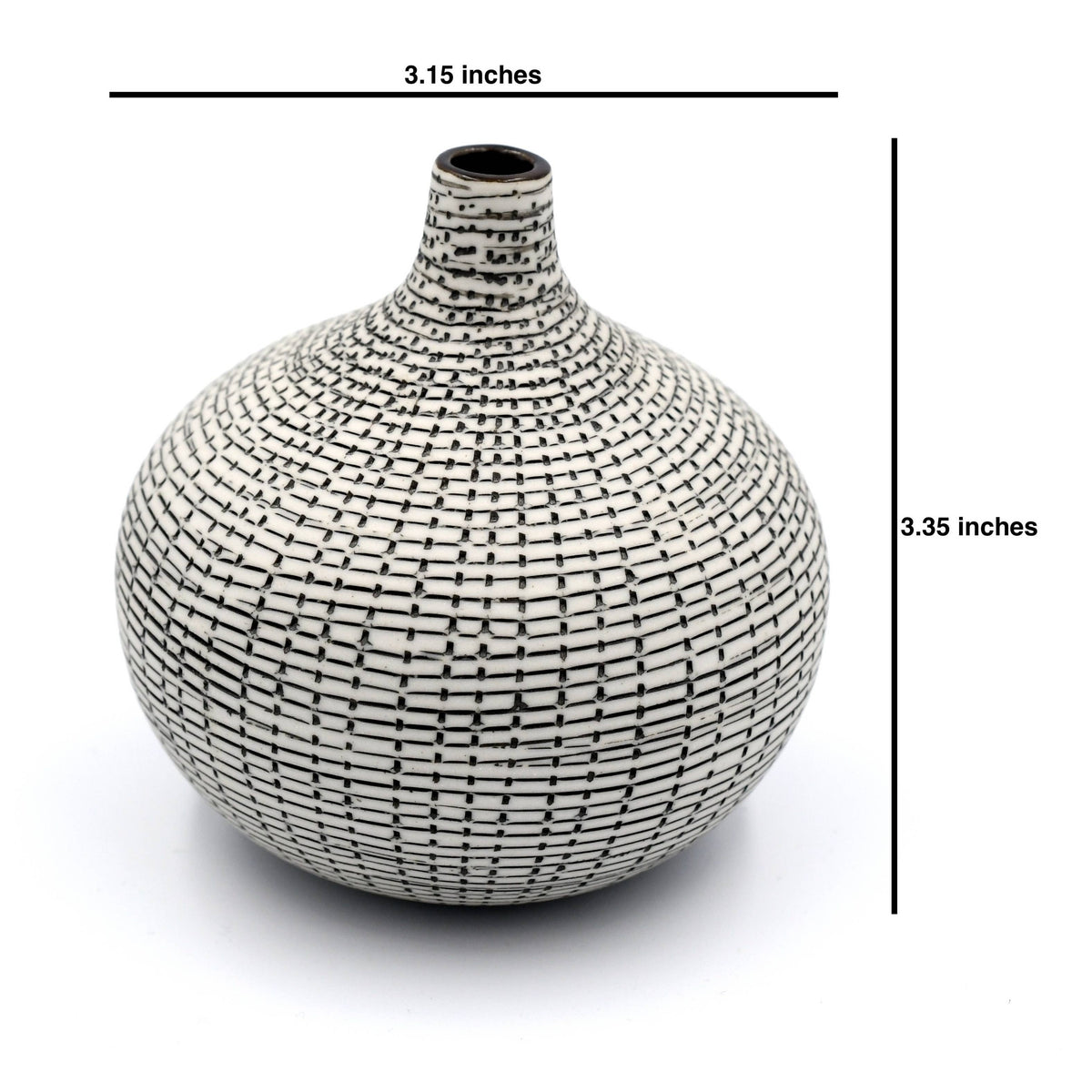 A round ceramic vase with a narrow neck and a black grid pattern on a white glazed surface, shown with dimension lines indicating a height of 3.35 inches and a width of 3.