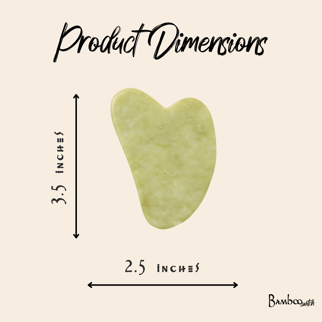 Product dimensions diagram showing a light green heart-shaped gua sha massage tool with height and width measurements of 3.5 inches and 2.