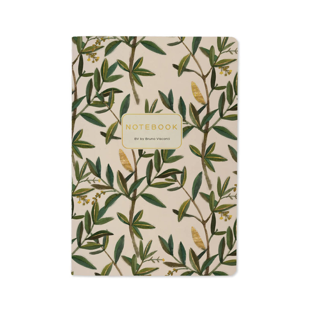 Notebook with green leaf pattern on a beige background