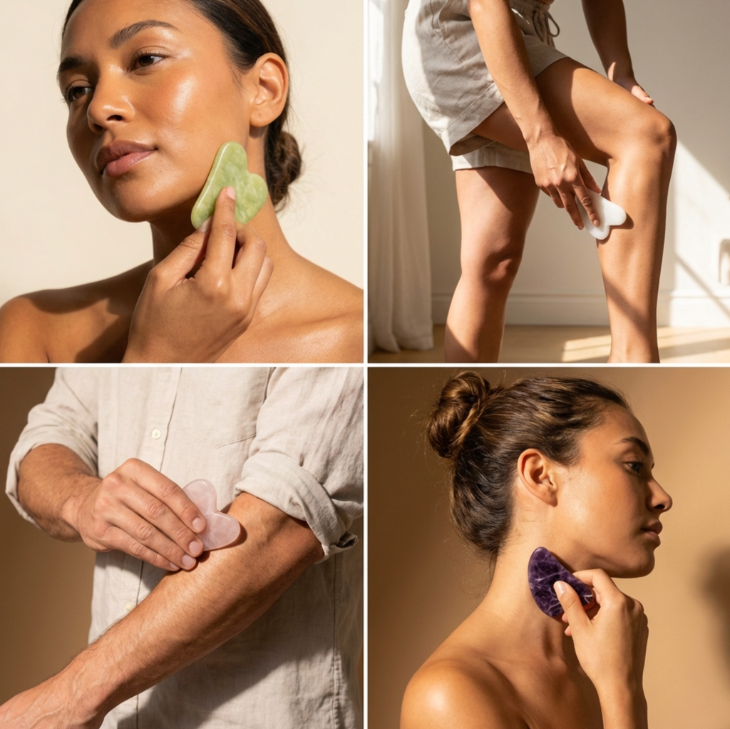 Collage of a woman using different types of gua sha tools on her face, neck, and arm.