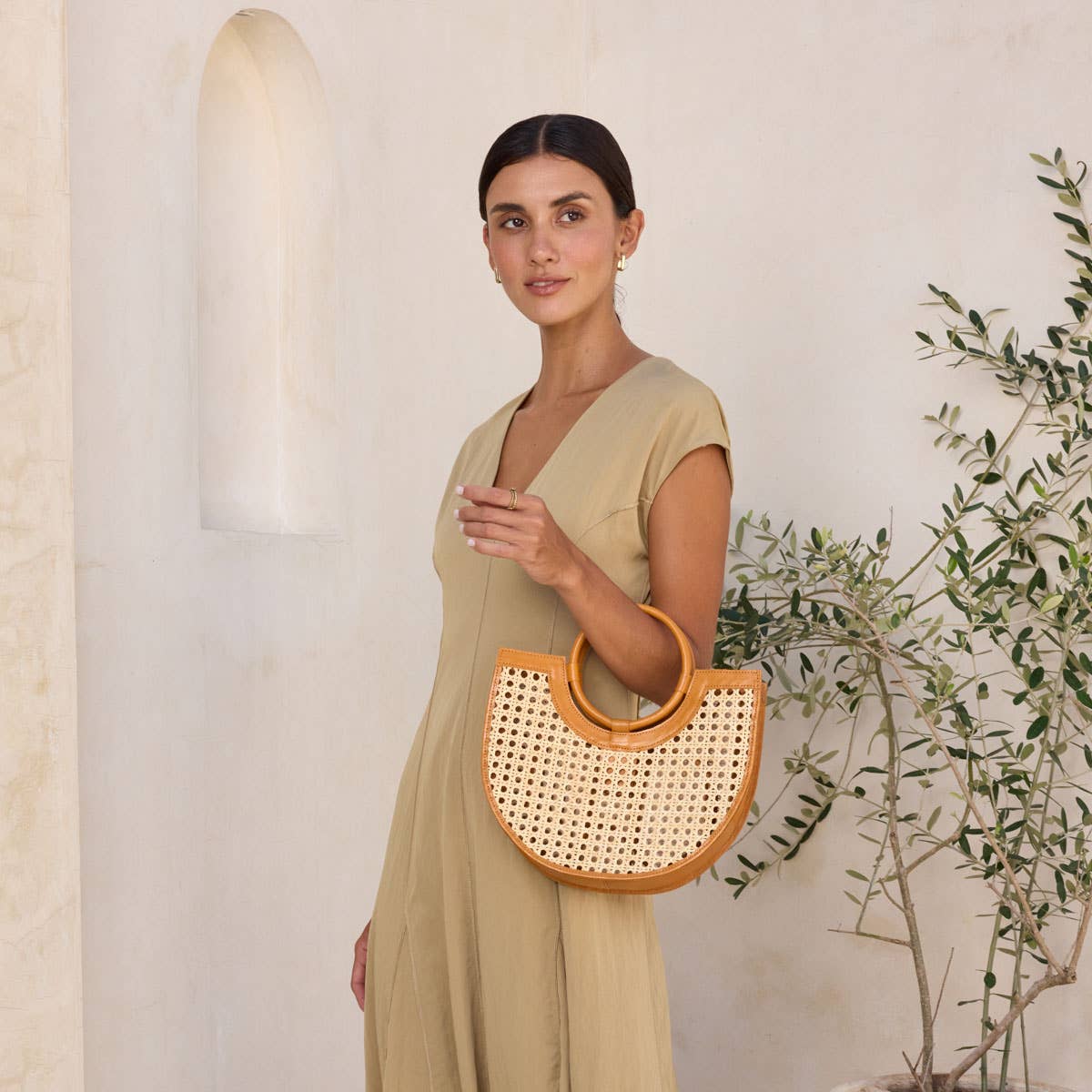 Brown Leather Square Cane Weave Rattan Handbag with Leather