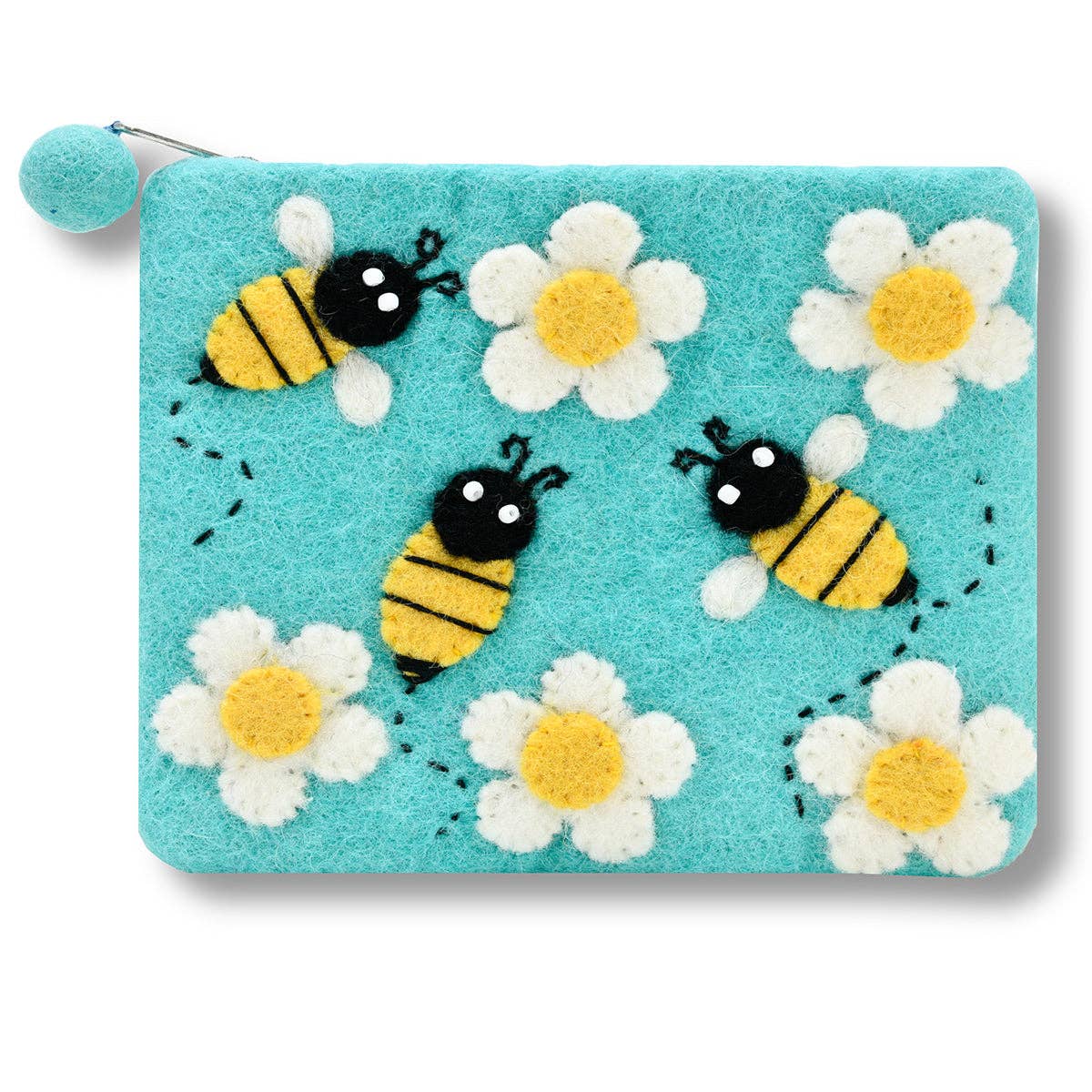 Light Turquoise Buzzing Bee Felted Coin Purse – Handcrafted Wool Felt