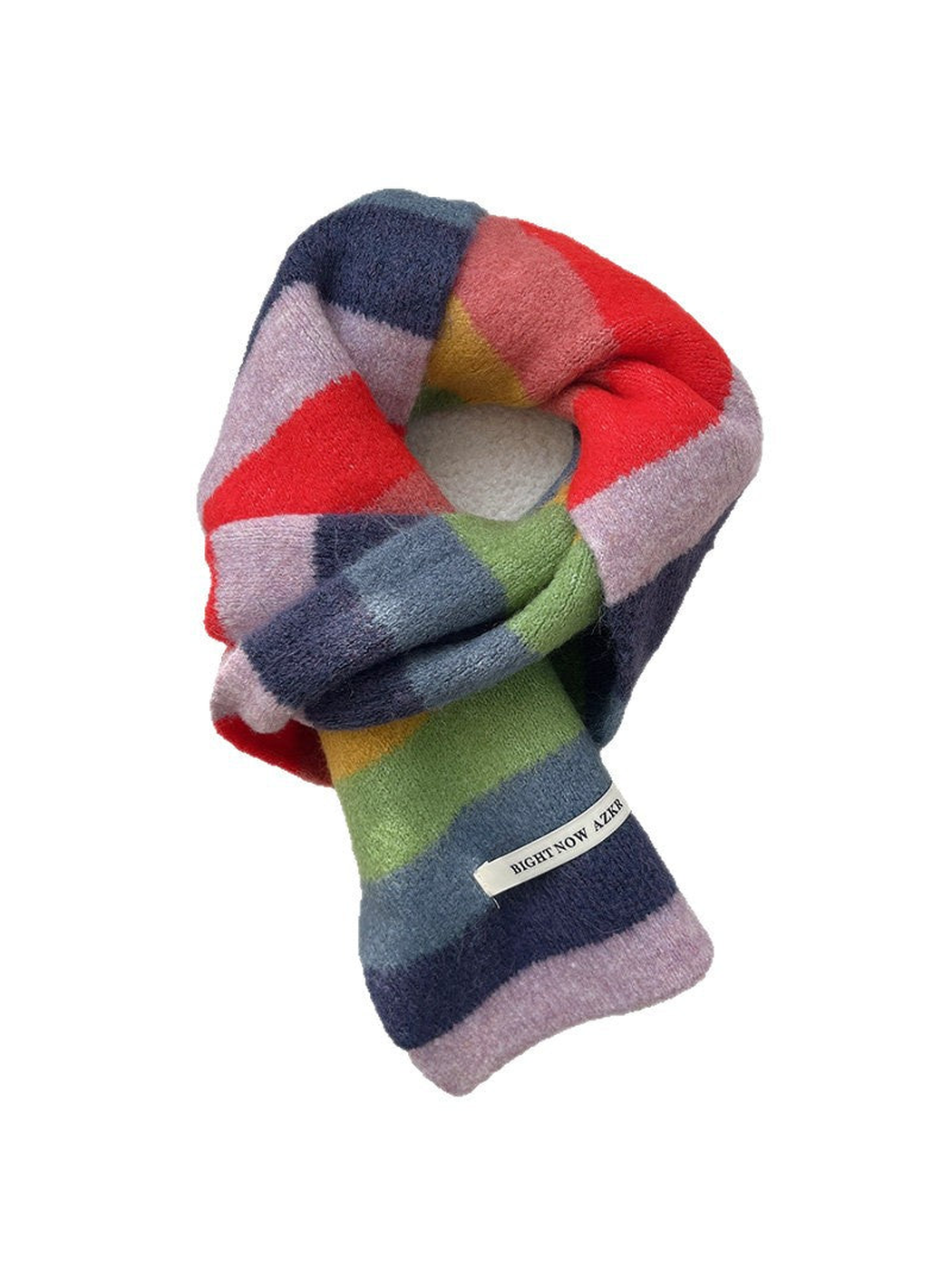 A chunky knit scarf with a multicolor block pattern of red, green, blue, pink, and yellow, shown on a plain white background.