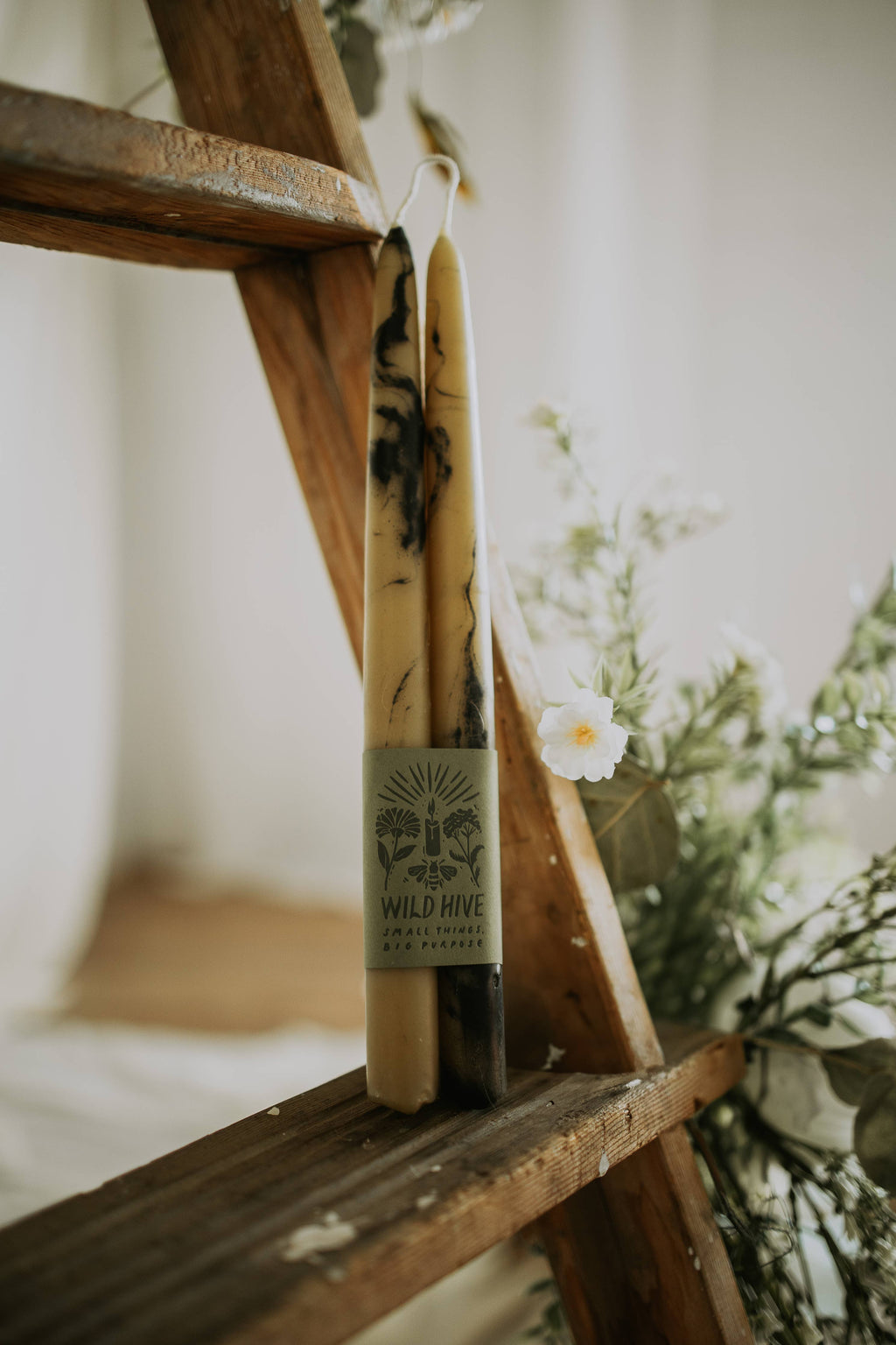 Bamboo product with a label on a wooden ladder in a home setting