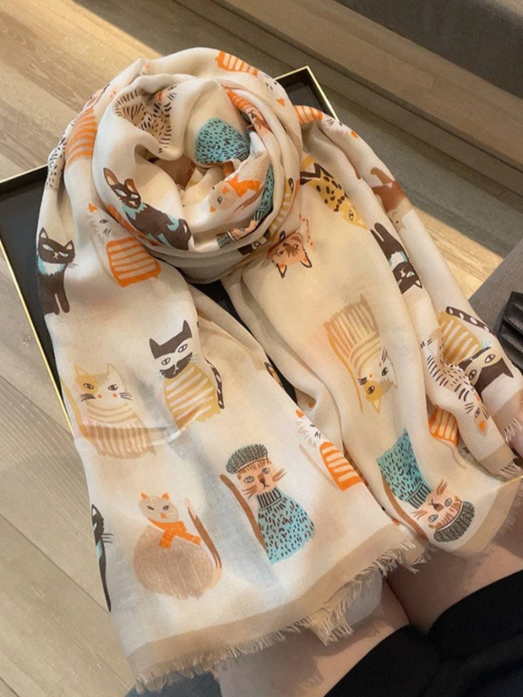Scarvii - Playful Cat Print Scarf: Black