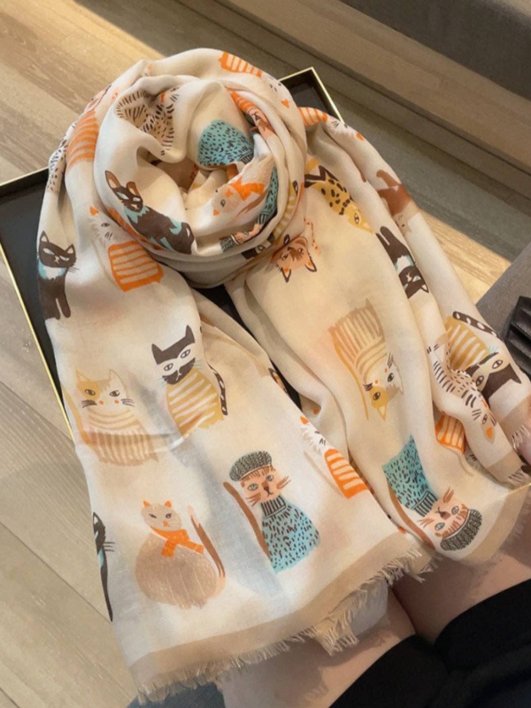Scarvii - Playful Cat Print Scarf: Black