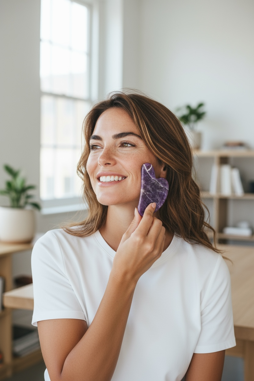 A woman with long brown hair smiles while holding a purple marbled stone against her cheek in a bright, modern room.