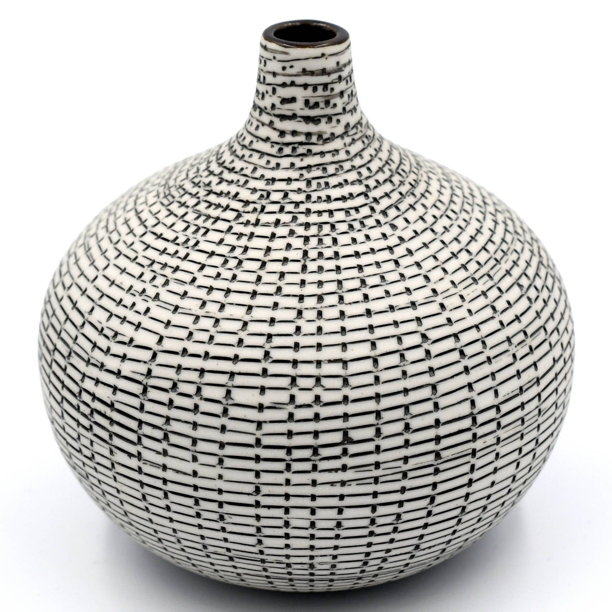 A ceramic vase with a rounded bulbous body and a short, narrow neck, decorated with a black hand-painted grid pattern on a glossy white glaze, set against a plain white background.
