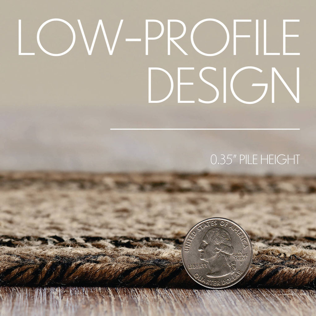 Text 'LOW-PROFILE DESIGN' with a coin on a textured surface to indicate pile height.