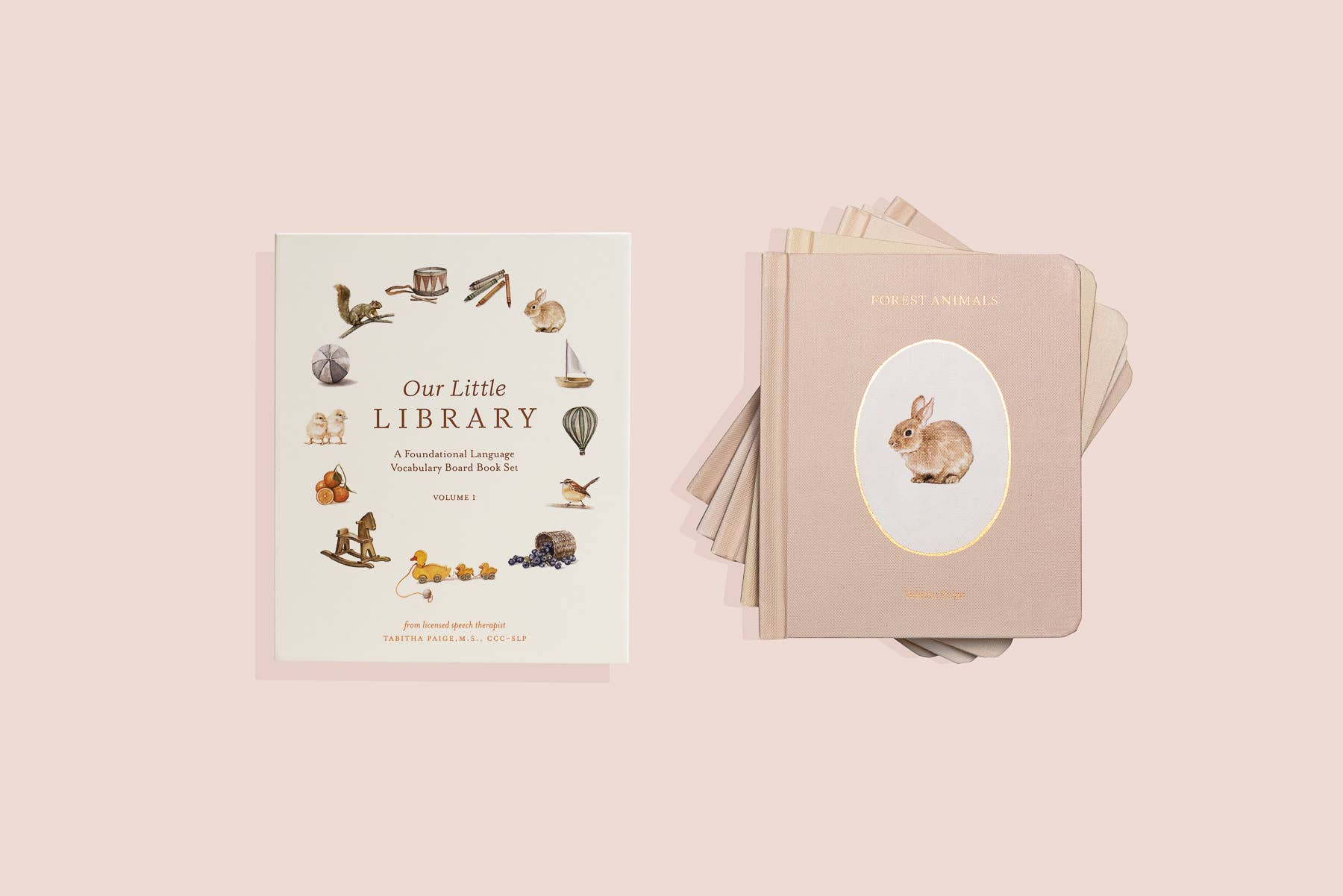 Children's books with illustrations on a light pink background