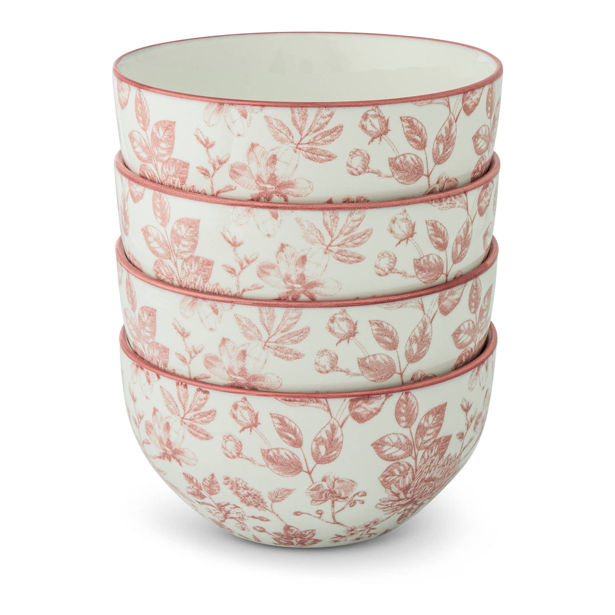 Four stacked ceramic bowls with a dusty rose floral toile pattern on a warm cream background, set against a clean white studio background.