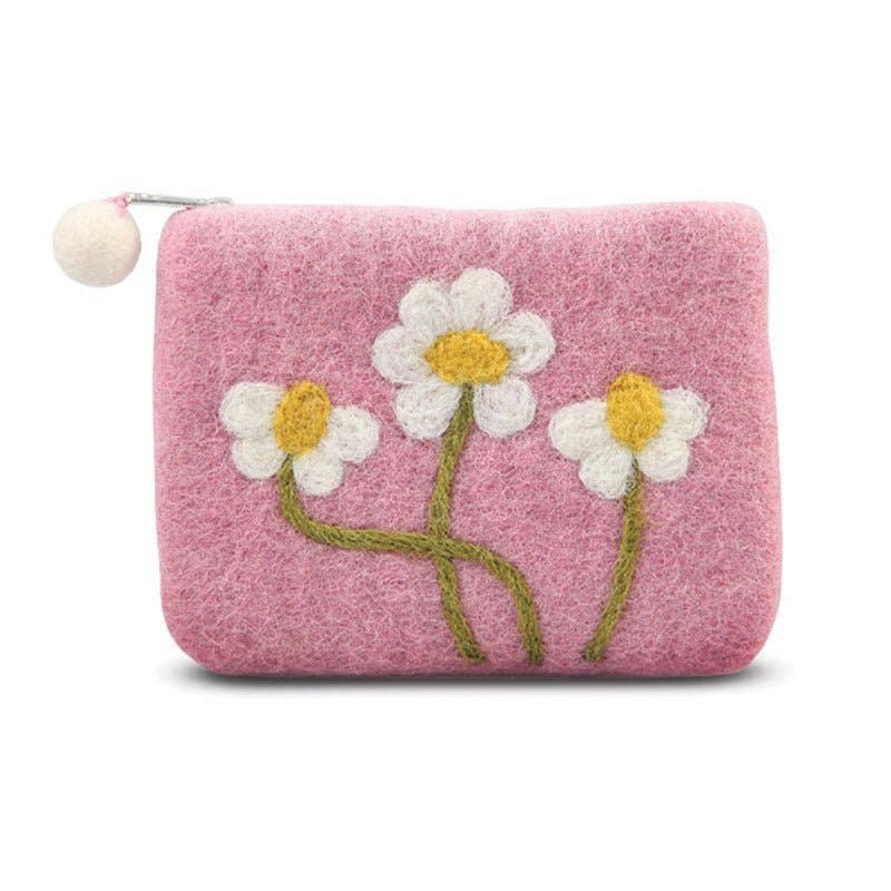 Turquoise Needle Daisy Flowers Coin Purse – Handcrafted Wool Felt