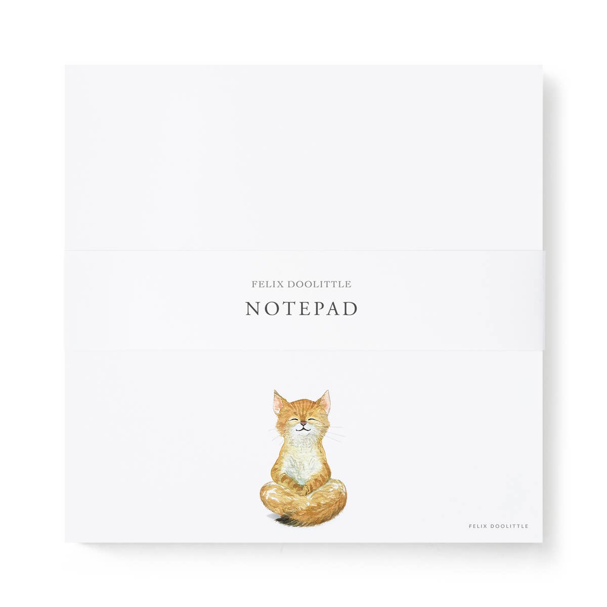 A white notepad with a watercolor illustration of an orange tabby cat sitting at the bottom center. The words 'FELIX DOOLITTLE NOTEPAD' are printed in a thin horizontal band across the middle.