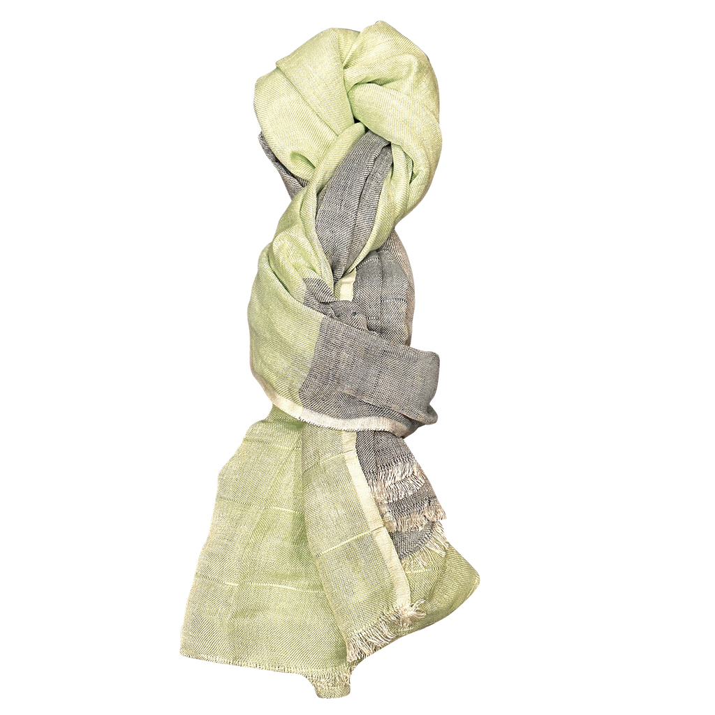 Pure Linen Feather Fringe Scarf — Navy & Green