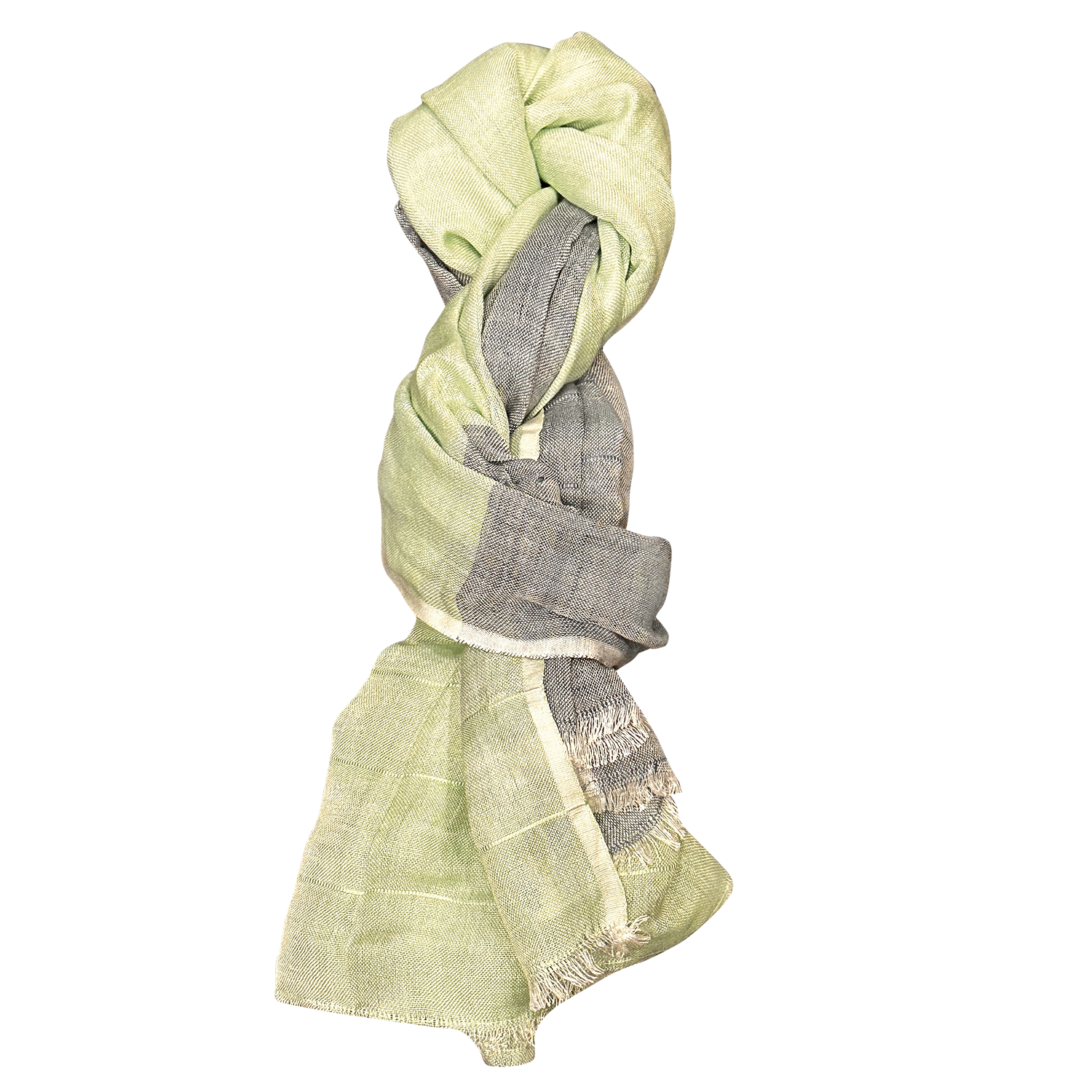 Pure Linen Feather Fringe Scarf — Navy & Green