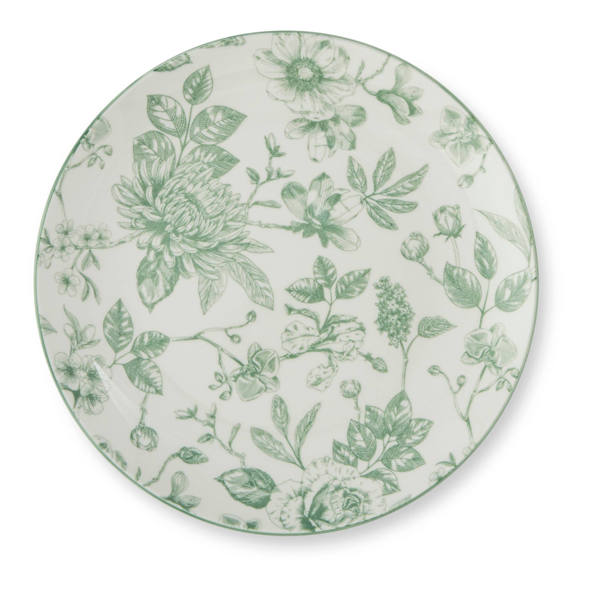 A round white ceramic plate featuring an elegant green botanical floral pattern, photographed from directly above on a clean white background.