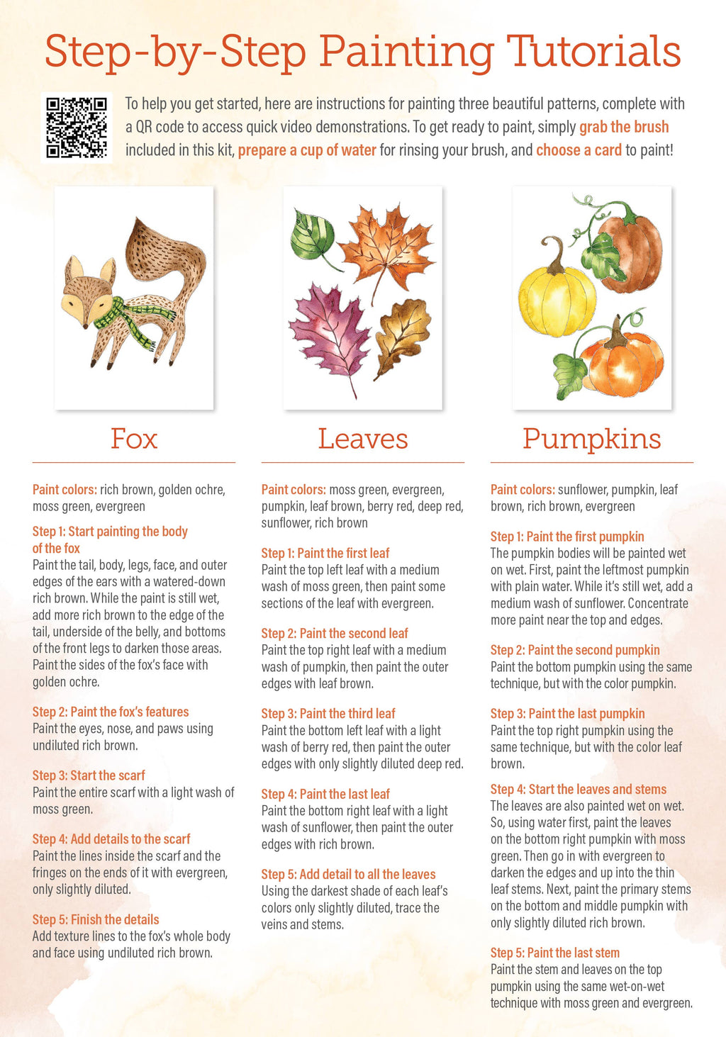 A printed-style guide titled "Step-by-Step Painting Tutorials" with three painted leaf examples labeled Fox, Leaves, and Pumpkins, plus text instructions and a QR code.