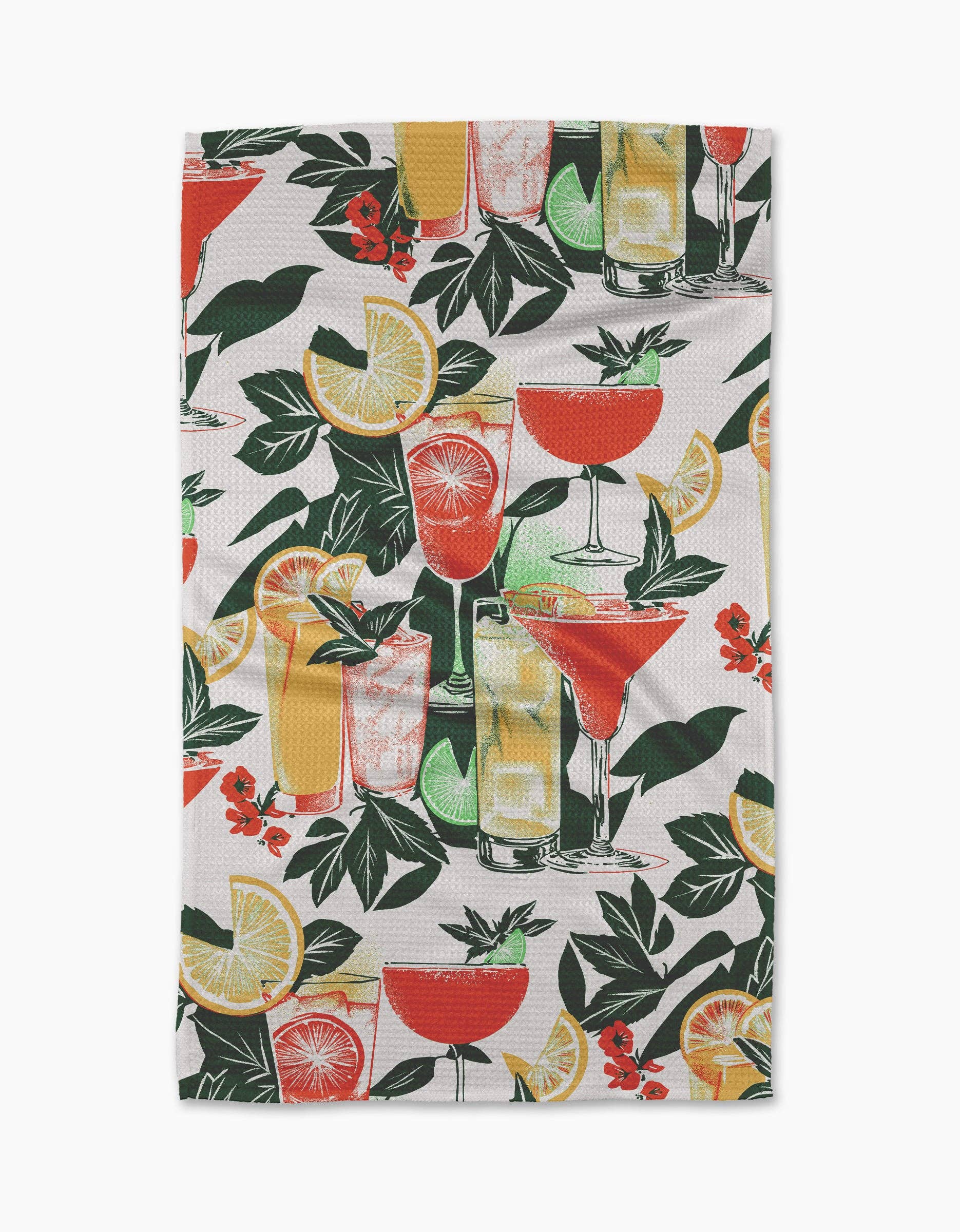 Fabric with cocktail-themed design featuring glasses, lemons, and leaves on a white background