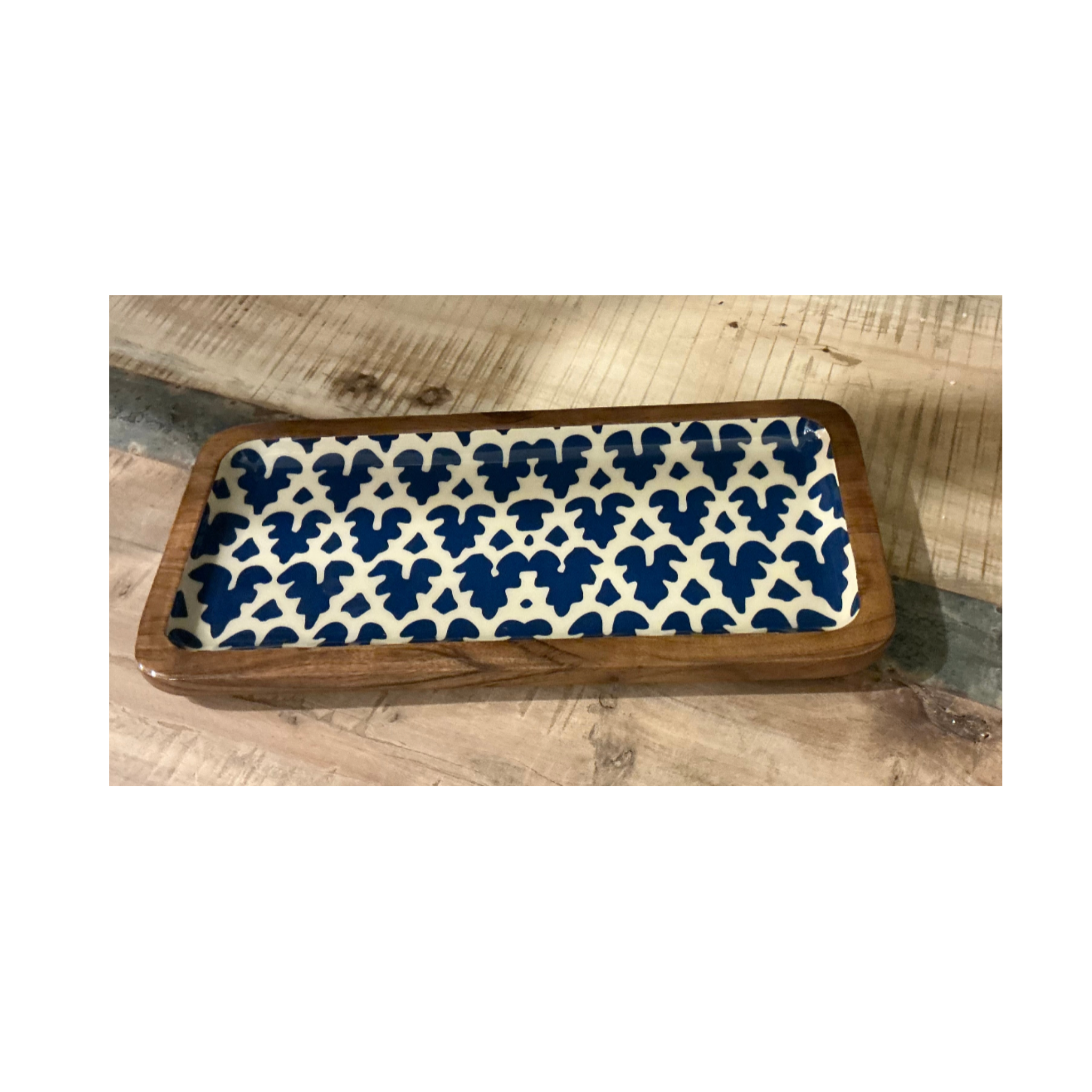 Acacia & Enamel Tray - navy/medium