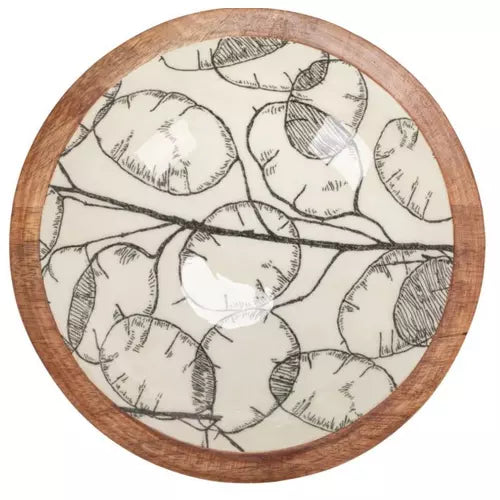 Enameled Mango Wood Bowl with Botanical Patterns, Cream Color & Grey, Small