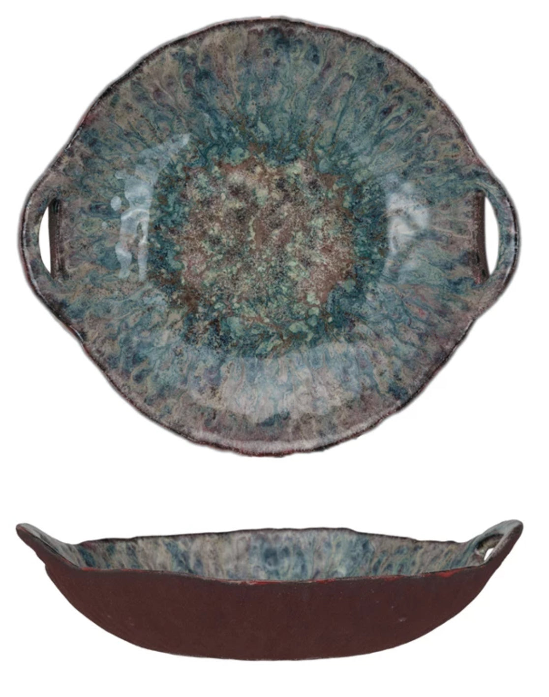 Stoneware Bowl w/ Handles, Reactive Glaze
