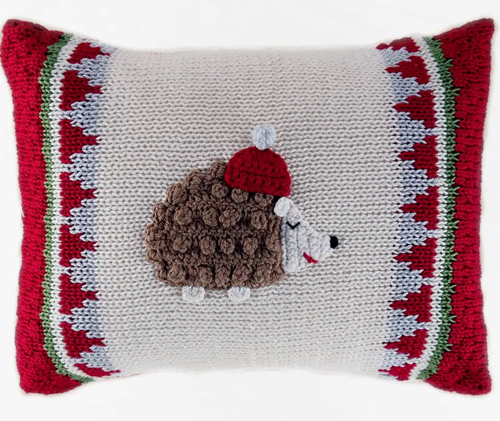 Handcrafted Hedgehog Mini Pillow with red and green border, artisan knit by Lykke Living, Lenox MA, Berkshires boutique decor. - Hedgehog Mini Pillow